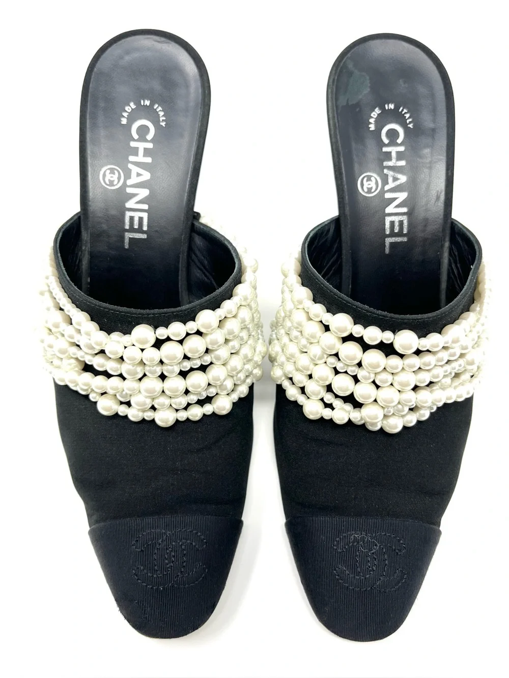 Chanel CC Logo Cap Toe Black Satin With White Pearl Pearls Mules Heels Slides 39